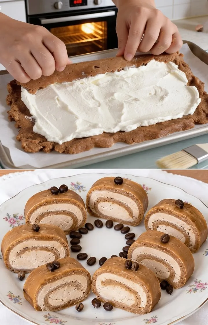 Leckere No-Bake Kaffee-Rolle auf einem Teller dekoriert mit Kaffeebohnen.