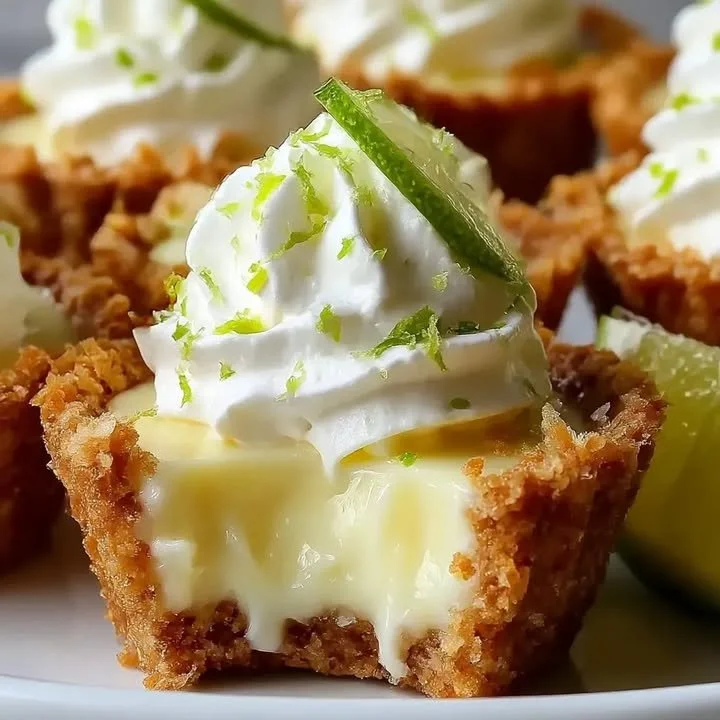 No-Bake Mini Key Lime Torten auf einem Teller mit Limetten-Dekoration