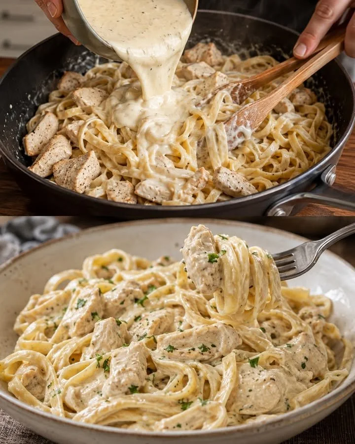 Nudeln mit Hähnchen in cremiger Käsesauce serviert