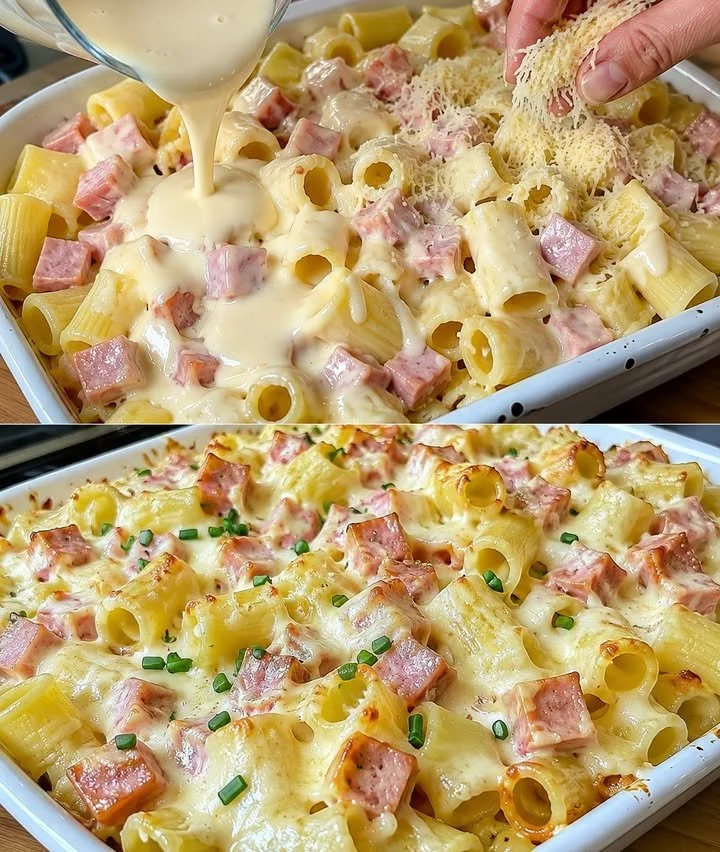 Leckerer Nudelauflauf Hawaii mit Pasta, Ananas und Schinken