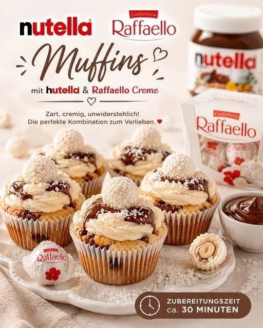 Saftige Nutella Muffins mit Raffaello-Stückchen, ideal für Süßigkeiten-Fans.