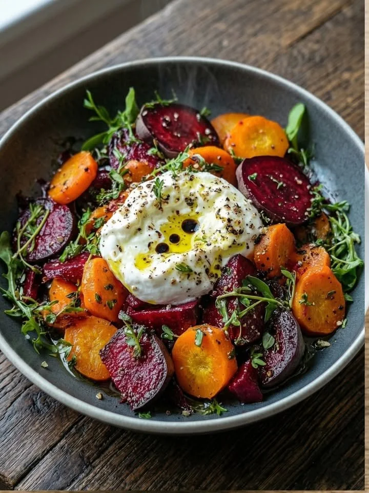 Ofen gerösteter Rote Bete und Karottensalat mit Burrata auf einem Teller
