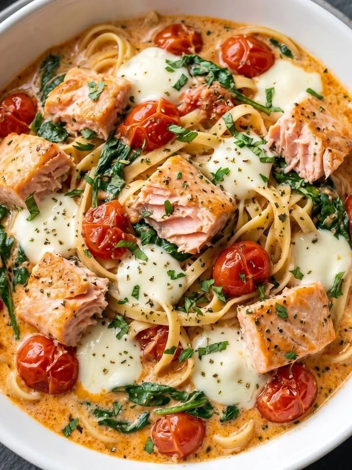 Ofen-Lachs-Pasta Gericht mit frischen Zutaten serviert.