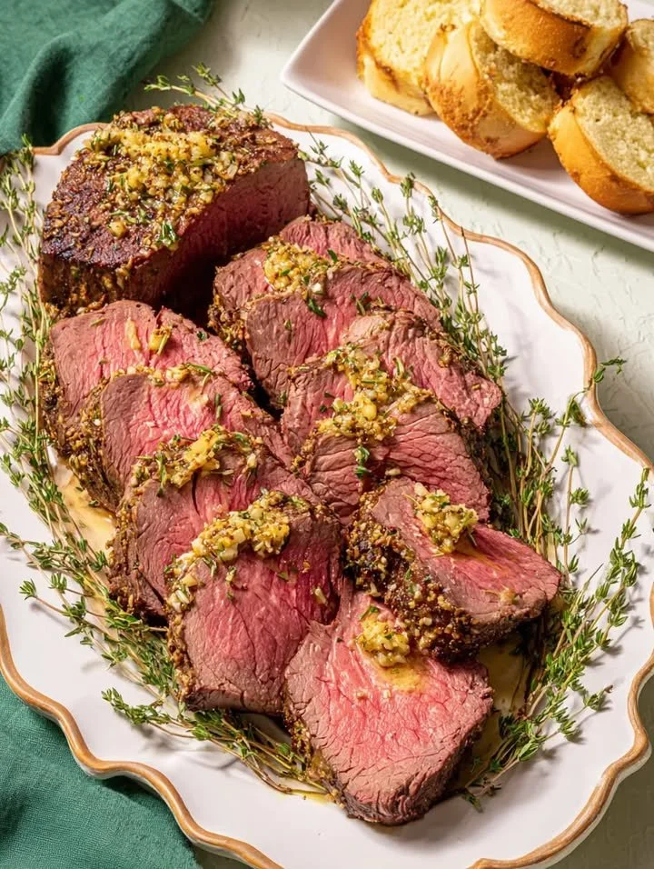 Ofen-Rinderfilet zubereitet mit Kräutern und Gewürzen, serviert auf einem Holzbrett.