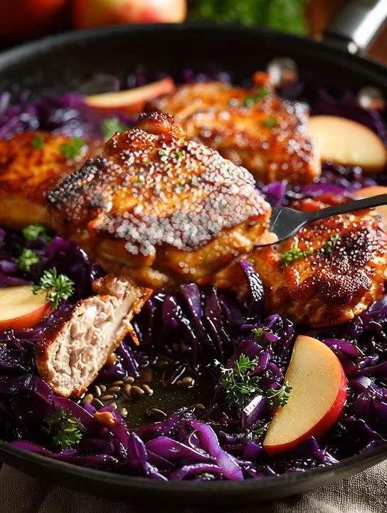 Oktoberfest Hähnchen mit Rotkohl serviert auf einem traditionellen bayerischen Teller