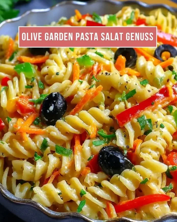 Schüssel mit Olive Garden Pasta-Salat, frisch zubereitet mit Gemüse und Dressing