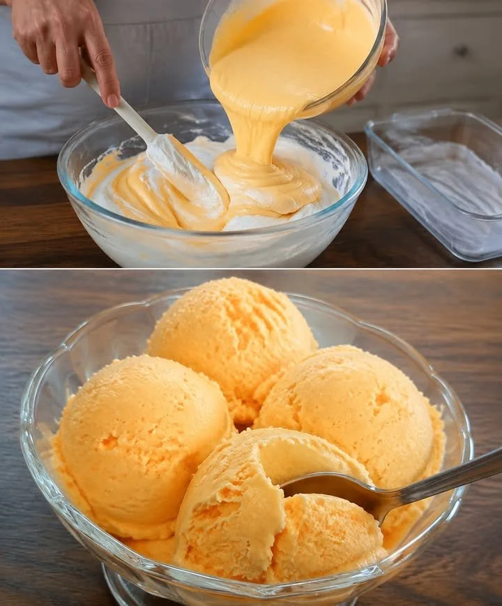 Hausgemachtes Orangeneis ohne Eismaschine in einer Schüssel