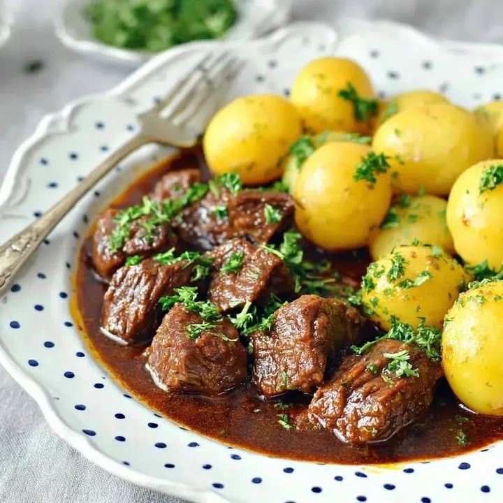 Authentisches Wiener Gulasch nach traditionellem Rezept serviert
