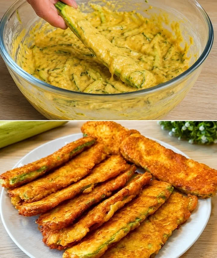 Panierte Zucchini auf einem Teller, goldbraun und knusprig zubereitet.