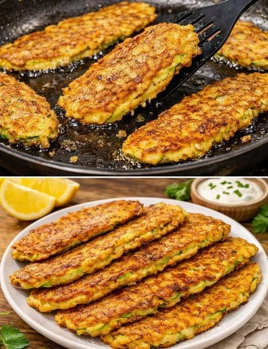 Panierte Zucchini Scheiben mit Parmesan auf einem Teller