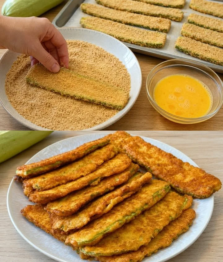 Panierte Zucchini-Scheiben mit Parmesan auf einem Teller serviert.