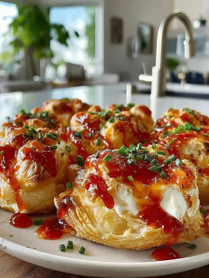 Paprika-Gelee-Frischkäse-Häppchen auf einem eleganten Teller präsentiert.