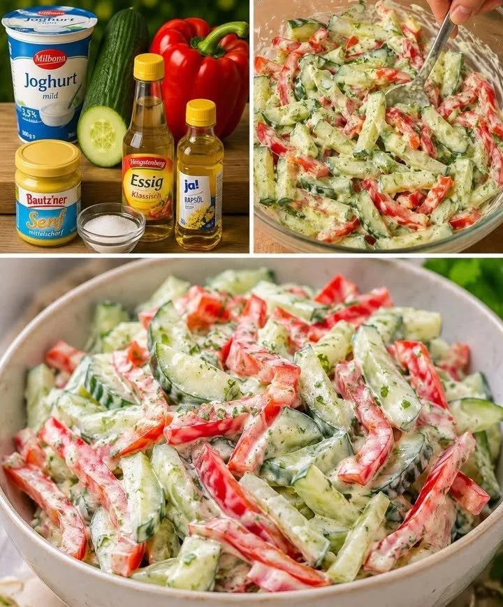 Frischer Paprika Gurkensalat mit Joghurt-Dressing auf einem schönen Teller serviert.