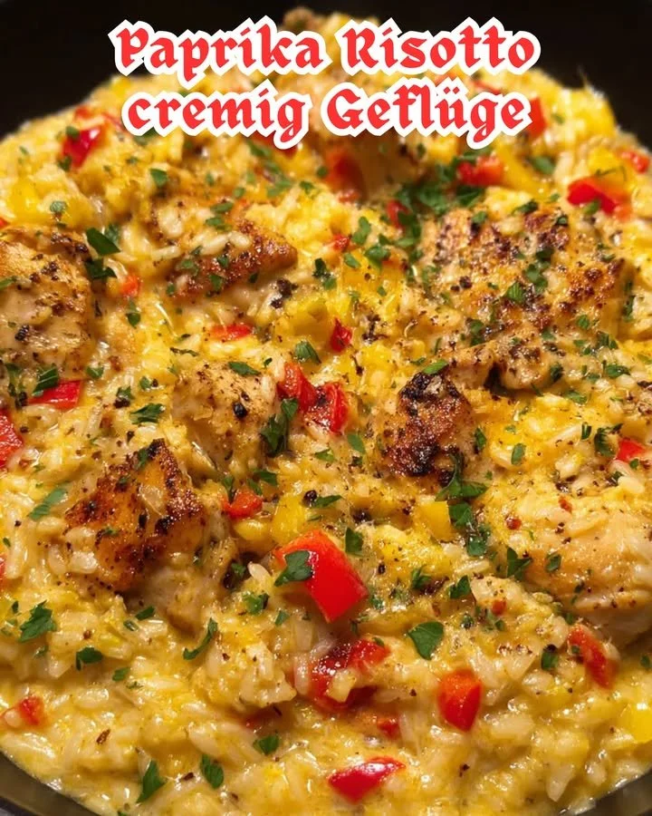 Leckeres Paprika-Risotto mit zartem Geflügel in einer appetitlichen Servierportion.