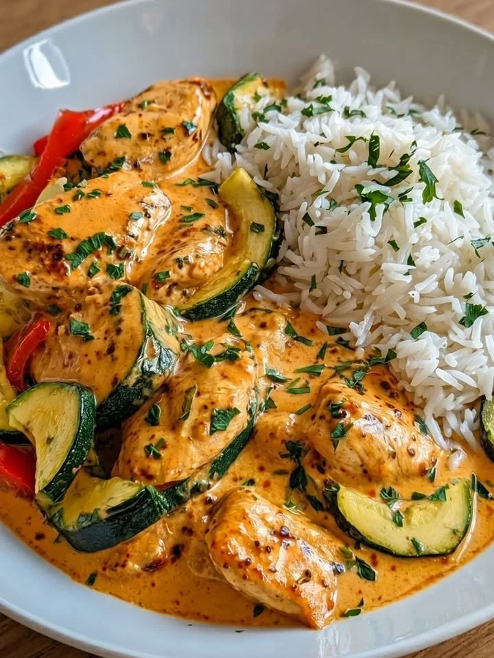 Leckeres Paprika-Zucchini-Hähnchen in Sahnesauce serviert auf einem Teller