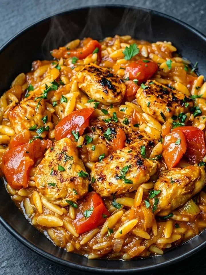 Paprikahähnchen mit Orzo - ein schmackhaftes, einfaches Rezept für ein Familienessen.
