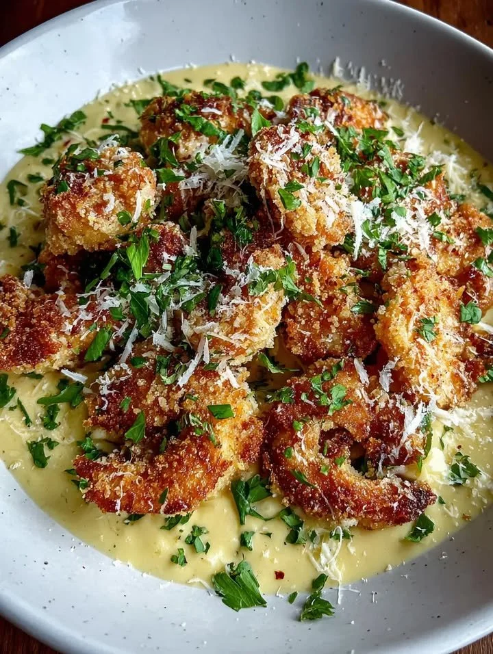 Parmesan Chicken mit köstlicher Knoblauch-Cremesauce serviert auf einem Teller
