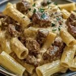 Parmesan-Cremesauce zu Rindfleisch-Rigatoni serviert auf einem Teller