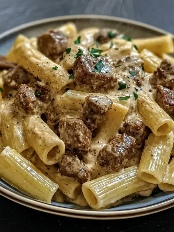 Parmesan-Cremesauce zu Rindfleisch-Rigatoni serviert auf einem Teller