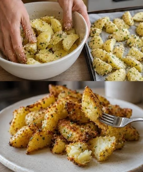 Knusprige Parmesan-Garlic-Potato-Wedges auf einem Teller serviert