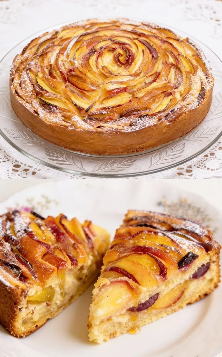 Pfirsichkuchen ohne Mehl auf einem weißen Teller, dekoriert mit frischen Pfirsichen