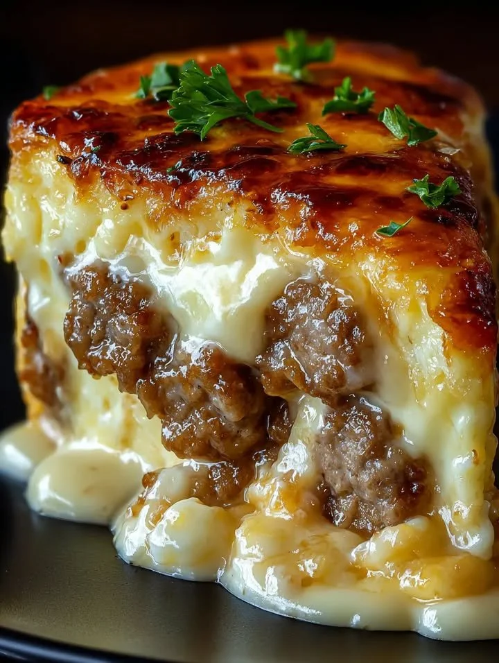 Pfannkuchen-Wurst-Auflauf mit frischen Zutaten und Käse überbacken