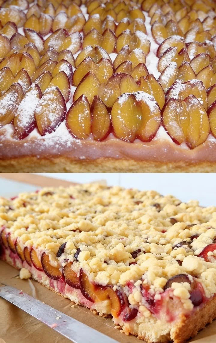 Pflaumenkuchen mit frischen Pflaumen und Streuseln auf einem weißen Teller.