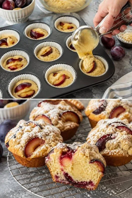 Saftige Pflaumenmuffins frisch aus dem Ofen