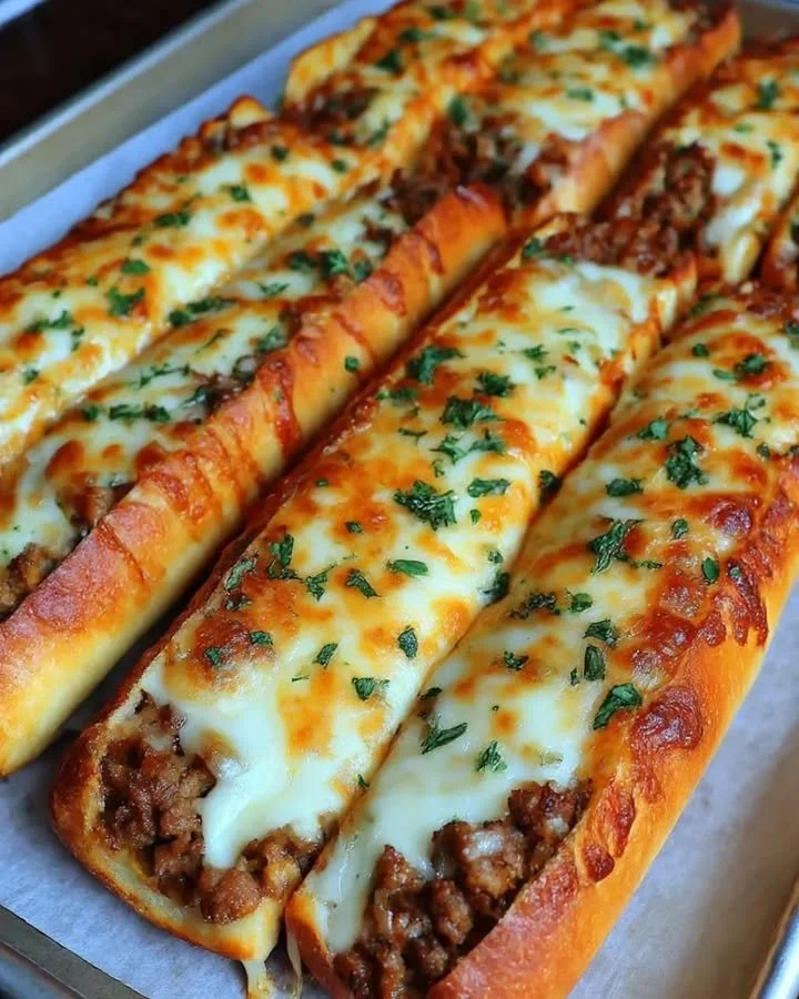 Philly Cheesesteak Brotstangen auf einem Holzbrett serviert.