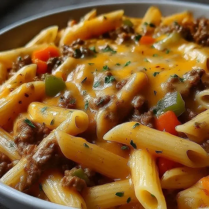 Philly Cheesesteak Pasta Gericht mit Fleisch, Käse und Nudel-Nest