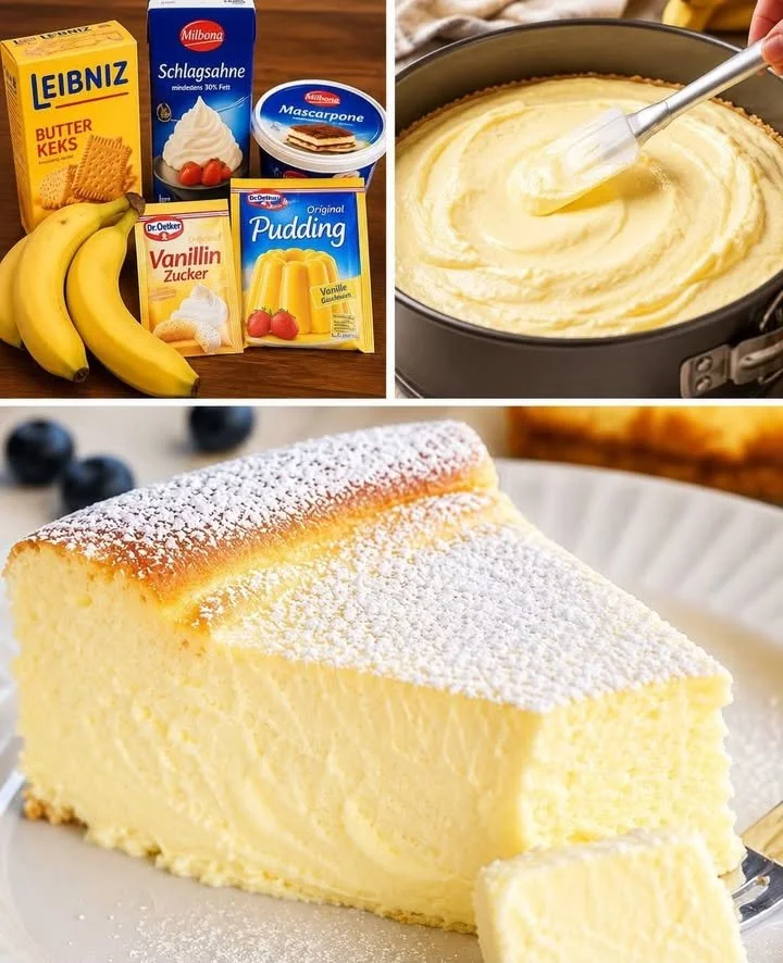 Pudding Quarkkuchen mit frischen Beeren und Sahne serviert