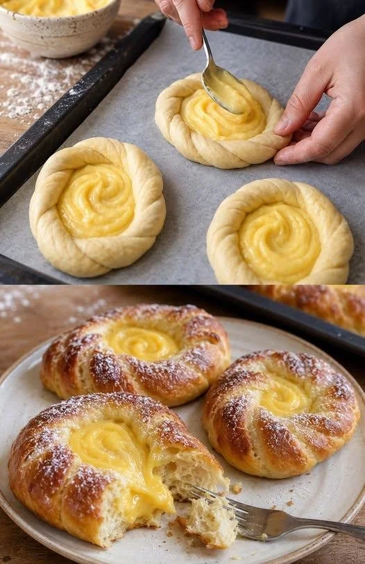 Frisch gebackene Puddingteilchen auf einem Blech, dekoriert mit Puderzucker.