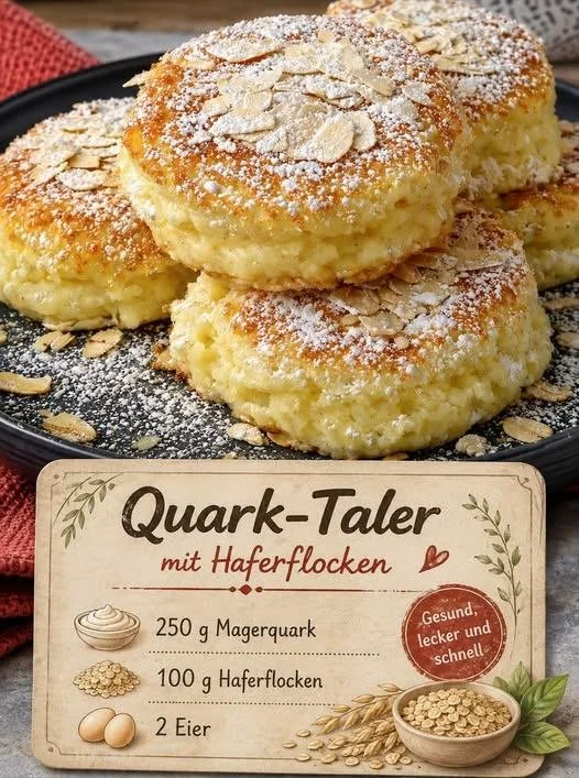 Quark-Taler mit Haferflocken auf einem Teller serviert