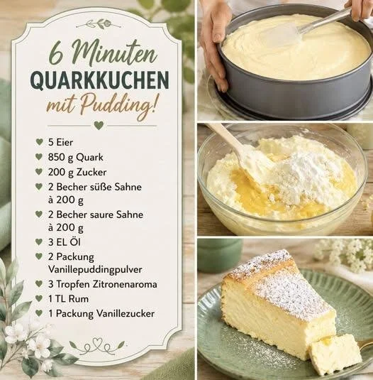 Quarkkuchen mit Vanillepudding auf einem Teller serviert