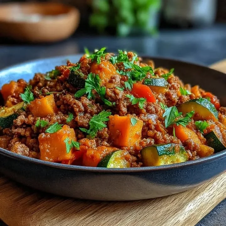 Rindfleisch Zucchini Süßkartoffel Pfanne auf einem Teller serviert