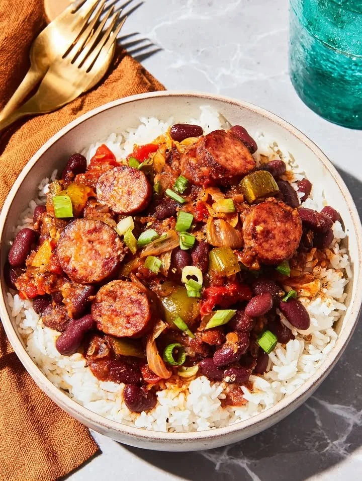 Rote Bohnen und Reis mit Puten-Kielbasa auf einem Teller serviert.