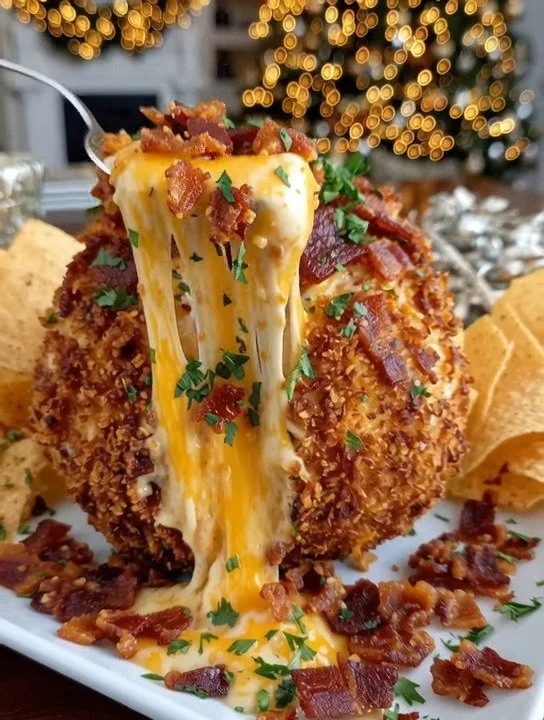 Rudolph Cheddar Weihnachtsball auf einem festlich dekorierten Tisch.