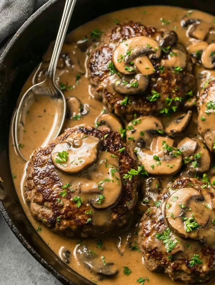 Salisbury Steak mit cremiger Pilzsauce auf einem Teller serviert.