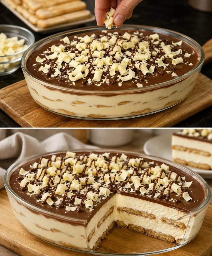 Schichtdessert mit Butterkeksen und Quark in einem Glas serviert.
