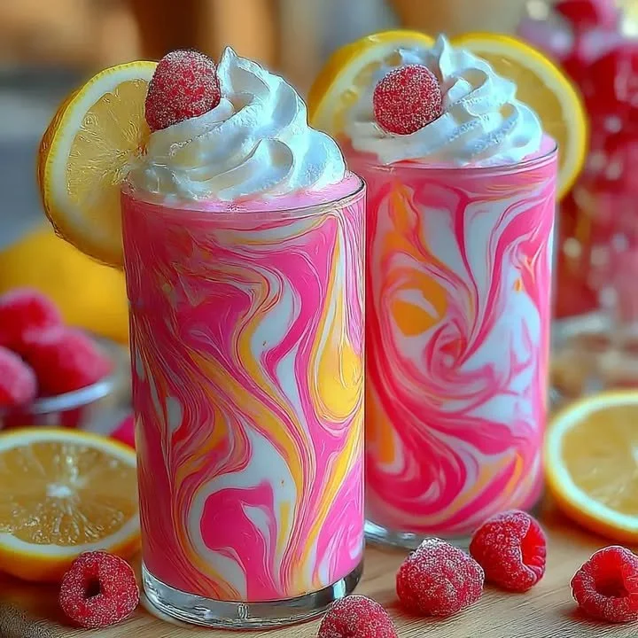 Schlagsahne Pinke Limonade in einem Glas mit frischen Früchten garniert