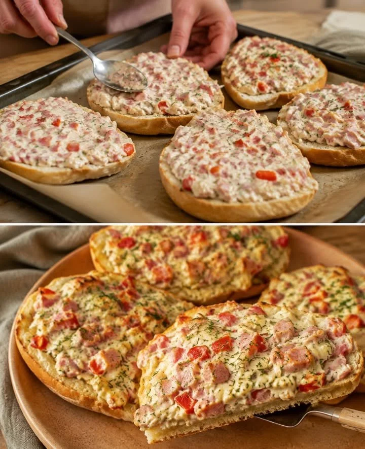 Schmandbrötchen mit frischer Sahne und leckerem Belag auf einem Teller.