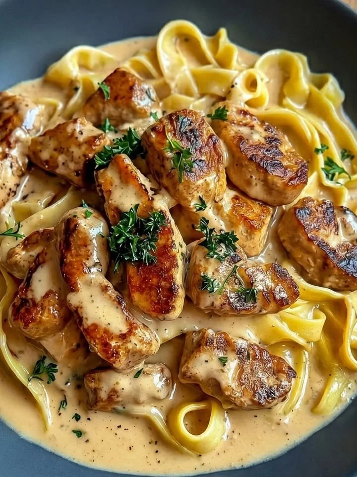 Leckeres schnelles Hühnchen-Stroganoff auf einem Teller serviert