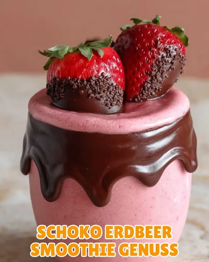 Schoko-Erdbeer-Smoothie mit Eis und Schokoladenrand in einem Glas
