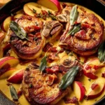 Schweinekoteletts mit Äpfeln und Speck auf einem Teller angerichtet