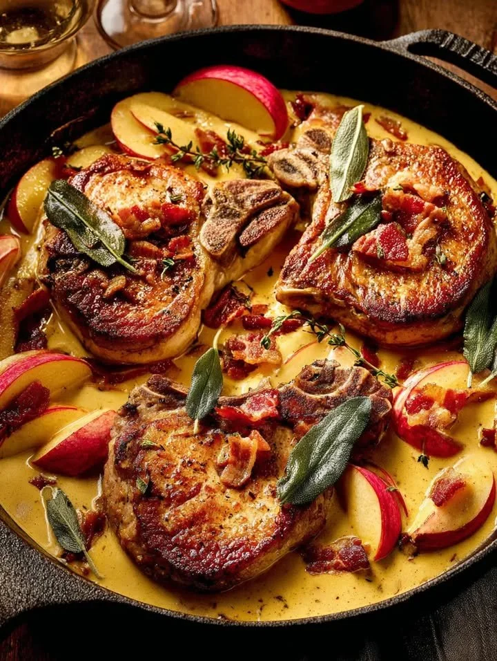 Schweinekoteletts mit Äpfeln und Speck auf einem Teller angerichtet