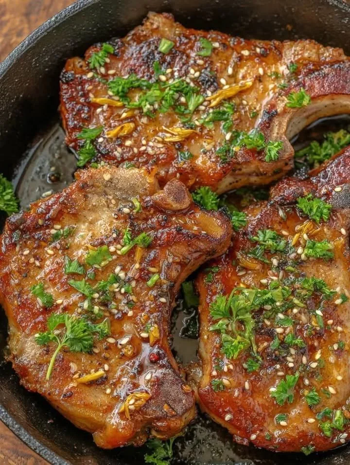 Schweinekoteletts mit Knoblauch und braunem Zucker auf einem Teller serviert