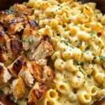 Seidige Käsesauce mit Hähnchen und Pasta auf einem Teller