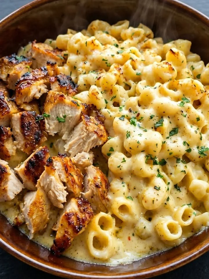 Seidige Käsesauce mit Hähnchen und Pasta auf einem Teller