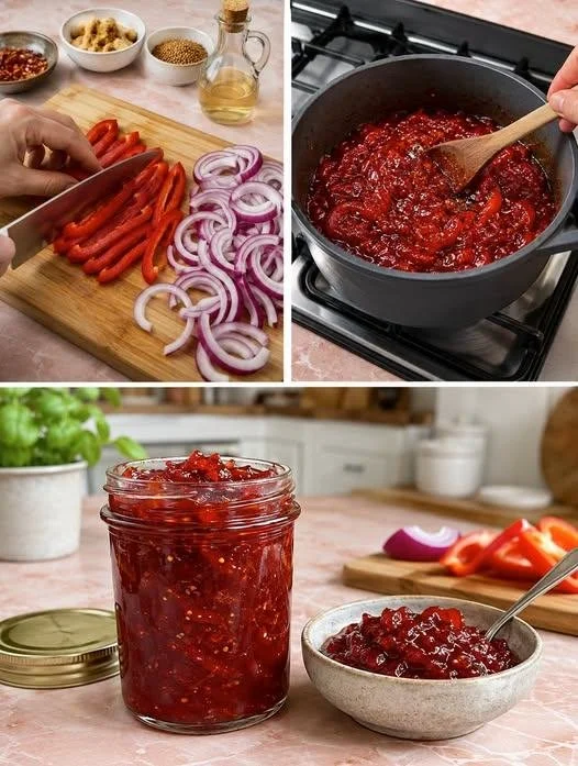 Selbstgemachtes Paprika-Zwiebel-Chutney in einem Glas auf Holzuntergrund