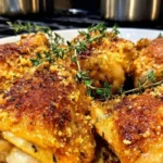 Senf-Hähnchen mit knuspriger Panade auf einem Teller serviert